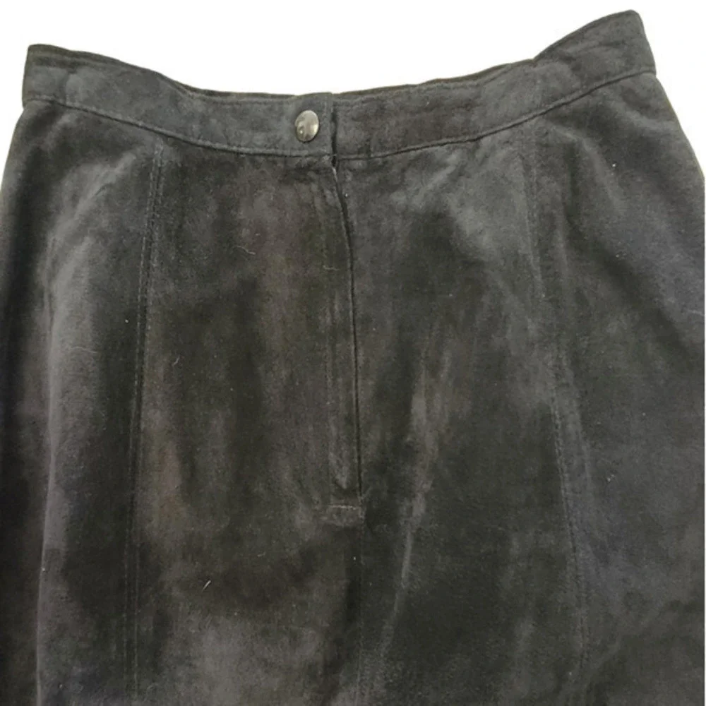 Bianca Vintage Leather Suede Pockets Back‎ Slit zip Modest Straight Midi Skirt